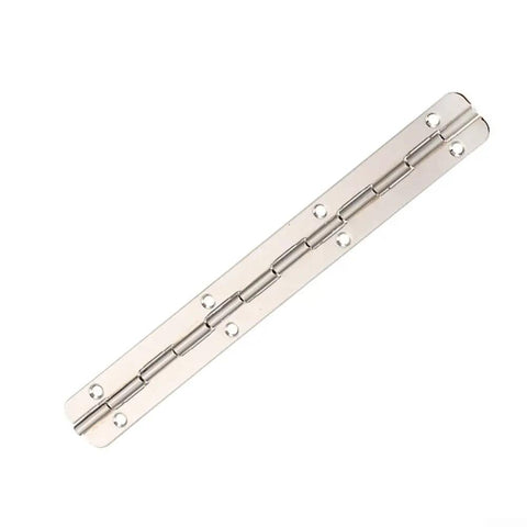Heavy Duty Stainless Steel Continuous Piano Hinge for Jewelry Boxes and Wooden Cabinets with folding design and pre-drilled holes.