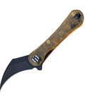 Scythe Hawkbill Pocket Knife With 2.55 Inch Titanium Coated 154CM Blade Amber PEI Handle And Reversible Wire Clip For Easy Carry