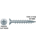 Heavy Duty Flat Head Wood Screws Size Eight X One And One Quarter Inch With Type Seventeen Nibbed Points Zinc Coated Steel.