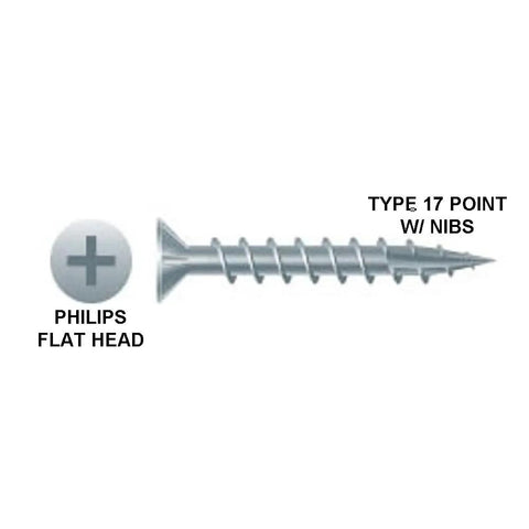 Heavy Duty Flat Head Wood Screws Size Eight X One And One Quarter Inch With Type Seventeen Nibbed Points Zinc Coated Steel.