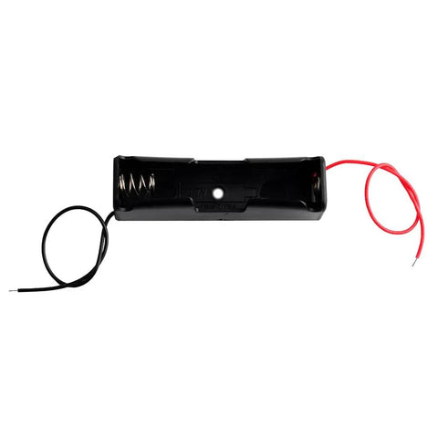 Black plastic 18650 battery case holder with pre stripped wired leads for 3.7V rechargeable cells.