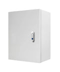 Rugged Outdoor Waterproof Junction Box With Locking Hinges And Dustproof Universal Enclosure, Weatherproof Electrical Box For Outdoor Equipment, Mounting Plates And EV Charger Pedestal Holder, Theft Resistant Lid, white steel front view