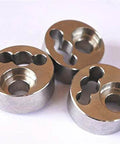 Three metal poppet housing components for 7/8 inch water jet pump, two-tone silver with brass-colored tops
