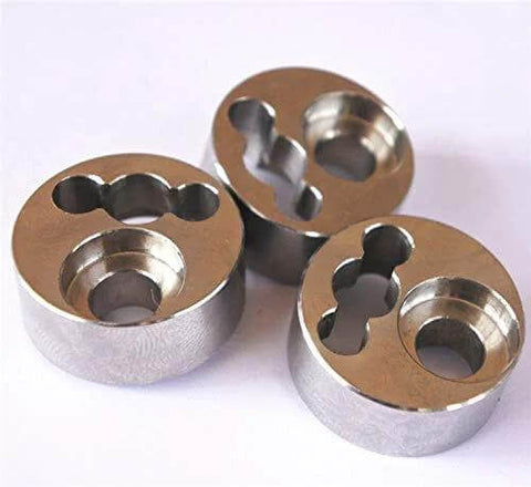 Three metal poppet housing components for 7/8 inch water jet pump, two-tone silver with brass-colored tops