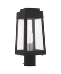 Oslo One Light Outdoor Post Top Lantern In Black Finish With Clear Glass showing clear panels and bulb inside, solid brass build