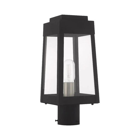 Oslo One Light Outdoor Post Top Lantern In Black Finish With Clear Glass showing clear panels and bulb inside, solid brass build