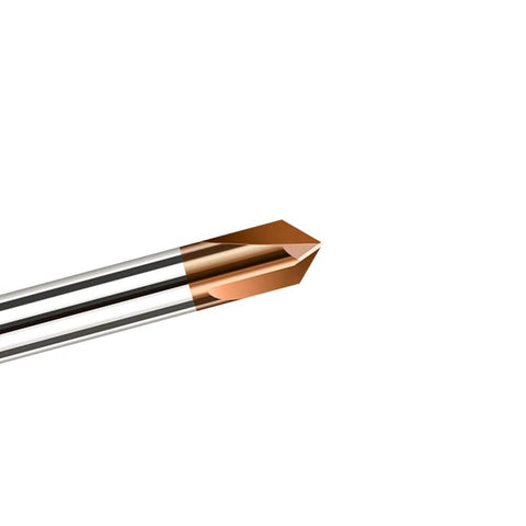 Carbide chamfer end mill with 1/4 in shank, TiSiN-coated copper tip, 3-flute, 90-degree for alloy and hardened steels