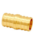 Close-up of a lead-free brass 3/4 inch PEX crimp coupling for plumbing fittings, part of a 15 Piece Lead Free Brass 3/4 Inch PEX Straight Crimp Coupling Set For Plumbing Fittings Durable Barbed Connectors Safe Up To 200 Fahrenheit And 200 PSI Ideal For Home DIY Projects.