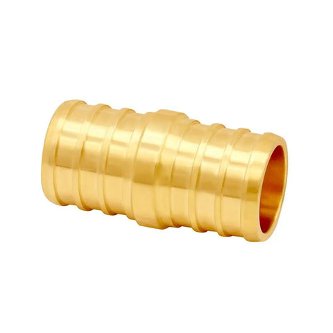 Close-up of a lead-free brass 3/4 inch PEX crimp coupling for plumbing fittings, part of a 15 Piece Lead Free Brass 3/4 Inch PEX Straight Crimp Coupling Set For Plumbing Fittings Durable Barbed Connectors Safe Up To 200 Fahrenheit And 200 PSI Ideal For Home DIY Projects.