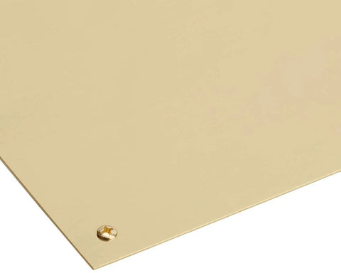 Corner view of 6x34 Kick Plate in Bright Brass for Exterior or Interior Doors, Heavy Duty Steel Surface, Classic Brass Finish