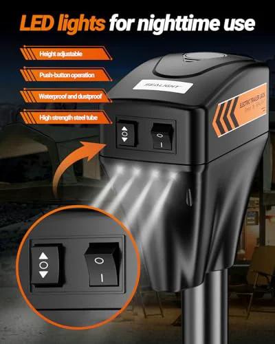 SEALIGHT 7500LB electric trailer tongue jack with LED light; 12V DC, front view with control switches.