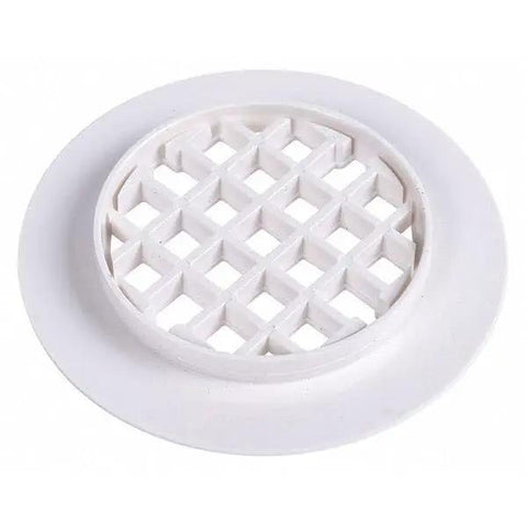 Quick Snap Shower Strainer 4.25 Inch White Plastic Drain Cover And Hair Catcher Filter For Residential Bathroom Tub Fixtures No Sweat Install Game Changer seen from the top with grid pattern.