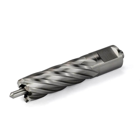 Annular cutter with Weldon shank, 3/4 in cutting diameter, HSS, angled side view