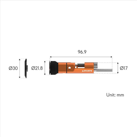 Stash Bike Chain Tool Kit dimensions in millimeters, featuring handlebar storage for quick repairs, CNC 7075 orange design