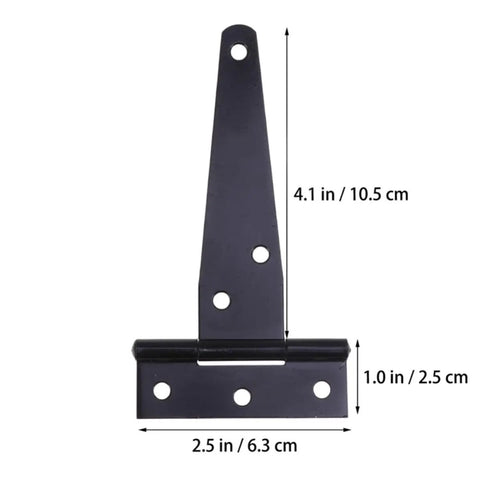 Heavy Duty Iron T Shape Door Hinges, 4 Inch Black, 6 Screw Holes, side view with measurements