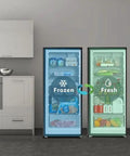 Sleek Upright Freezer With Convertible Refrigerator Setup Seven Point One Cubic Foot stainless steel unit showing frozen and fresh food.