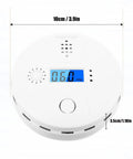 2 Pack Carbon Monoxide Detector Alarm With Digital Display And 85dB Siren For Home Use Red LED Flash Alerts Easy Install Reliable CO Monitoring Kit For Peace Of Mind, showing round white detector with dimensions and LED display