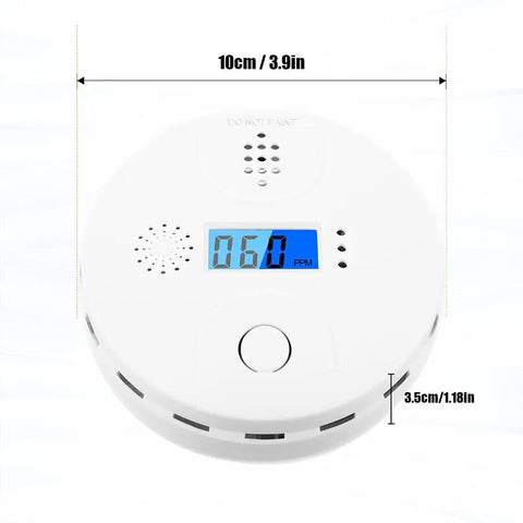 2 Pack Carbon Monoxide Detector Alarm With Digital Display And 85dB Siren For Home Use Red LED Flash Alerts Easy Install Reliable CO Monitoring Kit For Peace Of Mind, showing round white detector with dimensions and LED display