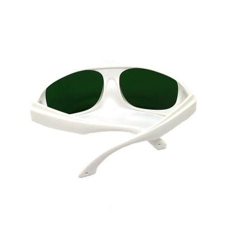 Heavy Duty Laser Safety Glasses, Big Time Telecom And Nd:Yag Diode Eye Protection, green lenses and white frame design.