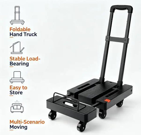Beefy Folding Hand Truck Dolly Cart With 6 Wheels And 500 Lb Capacity For Luggage Moving And Travel Heavy Duty Utility Cart That Folds Flat For Easy Storage Sturdy Haul With 2 Elastic Ropes, black foldable hand truck with wheels
