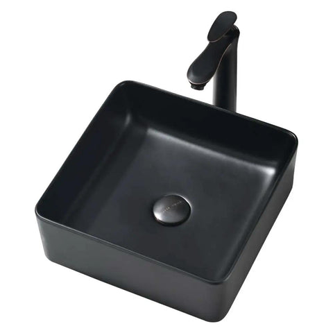 Sleek Matte Black Rectangle Vessel Sink 14 By 14 Inch Above Counter Vanity With Porcelain Ceramic Low Water Absorption Acid Resistant Easy To Clean Surface Durable Modern Bathroom Vessel Sink With Black Pop Up Drain