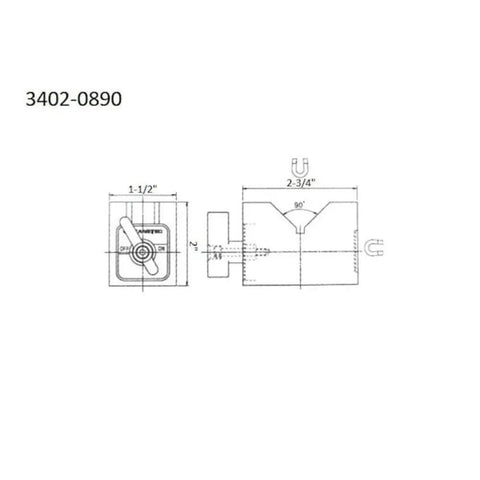 Technical drawing of Aluminum Cast Magnetic V Block Set 2 by 2.5 by 2.75 Inches with dimensions and 90-degree vee block design.