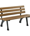 Outdoor bench with brown wooden slats and black metal legs, side view.