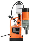 Front view of VEVOR magnetic drill press in orange with black base, 2-in bore capacity, 1550W.