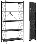 Rock Solid Metal Shelving Unit With Wheels Five Tier Folding Storage Rack Built Tough For Garage Or Shop Rust Proof Steel Frame Lockable Casters 90 Lbs Capacity Per Shelf Heavy Duty Utility Hauler, showing assembled and folded views.