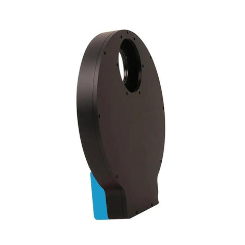 Electric Filter Wheel For Deep Space Astronomy Telescope Imaging With Mono Camera, side view of black rounded wheel.