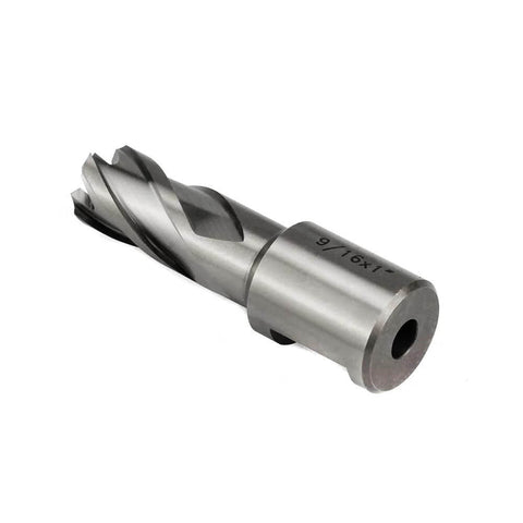 Oscarbide 9/16x1 in annular cutter with 3/4 in Weldon shank, side view; silver metal for magnetic drill press
