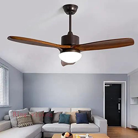 52 Inch LED Ceiling Fan With Built In LED Lights And Solid Brown Wood Blades Includes An Easy Peasy Remote Control Delivering Super Chill Airflow For Your Living Room Space, view from below in a modern living room.