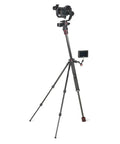 Camera on tripod with GIM-Pod Plate Quick Release System For Cameras, Ultra Lightweight Leveling Plate For CSCs, attached monitor.