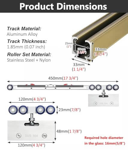 Dimensions and materials of Soft Close Sliding Door Track Kit For Glass Doors 7.5 Foot Aluminum Barn Door Hardware in black finish.