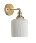 Wall Lamp, Nordic Minimalist Bedroom Light, Brass Ceramic Retro Lamps, wall-mounted fixture with a white ribbed shade and brass accents.