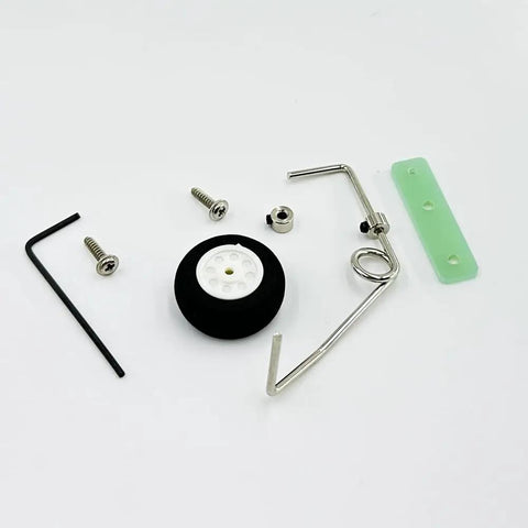 Tail Wheel Bracket Assembly For RC Airplanes And Helicopters No Fuss DIY Model Aircraft Landing Gear Replacement Lightweight Black 25mm Wheel Easy Install Durable Fits 40-52 Level displayed disassembled on a white background.