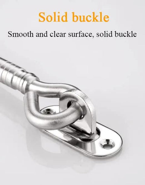 Close-up of Premium Heavy Duty Stainless Steel Sliding Barn Door Latch with secure hook and eye lock, smooth surface.