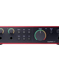 Front view of Scarlett 2i2 4th Gen Audio Interface Bundle With OnStage MC20 20ft XLR To XLR Mic Cable for home studio recording.