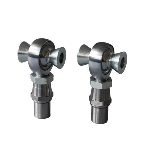 M16 Metric Left Thread Rod End Bearing Kit With Bulletproof Jam Nut And Slick Misalignment Spacer for steering, showing two metallic rod ends.