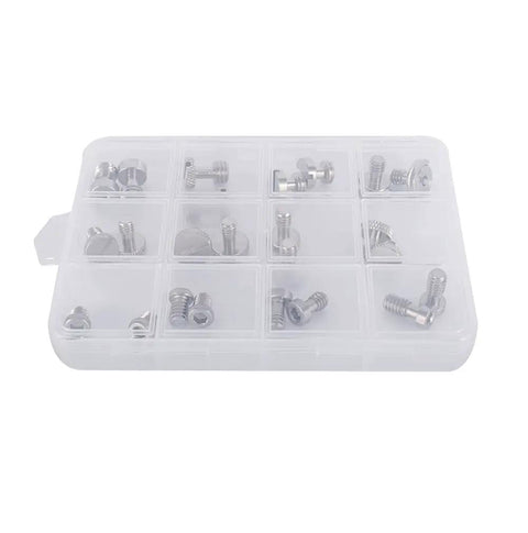 Straight Up Photography Essentials Solid Camera Screw Set With Heavy Duty 1 4 Inch 20 And 3 8 Inch 16 Threads For Dslr Cage Plate Mounts Grip Handles And Cheese Plates Go To Pack Of 24 in a clear storage box with assorted screws.