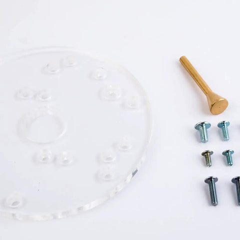 Premium Acrylic Router Base Plate 6.5 Inch Built Tough For Bosch And DeWalt Routers with mounting hardware on white background.