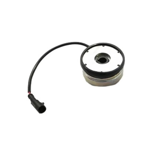 Electromagnetic brake for forklift equipment; round metal housing with black rim and attached wiring lead.