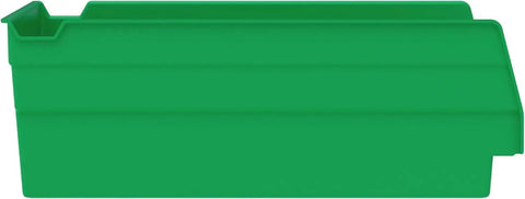 Green heavy duty plastic shelf bin 12 x 8 x 4 inches for garage, closet, and drawer organization, side view.