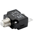 Headache Free Push Button Resettable Circuit Breaker With Slick Quick Connect Terminals For Auto And Marine Builds, compact size, black casing.