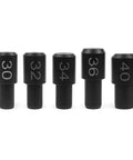Five black plastic fork seal drivers for 30mm to 40mm pipes, Must Have Pro Grade Fork Seal Installation Tool For Front Forks Fits 32mm 34mm 35mm 36mm 40mm Pipe Diameters Easy Dust Seal Driver Kit Replacement For Fox And RockShox Front Suspension Durable Plastic Build, arranged in a row