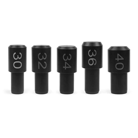 Five black plastic fork seal drivers for 30mm to 40mm pipes, Must Have Pro Grade Fork Seal Installation Tool For Front Forks Fits 32mm 34mm 35mm 36mm 40mm Pipe Diameters Easy Dust Seal Driver Kit Replacement For Fox And RockShox Front Suspension Durable Plastic Build, arranged in a row