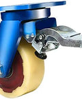 Close-up of Badass Heavy Duty Swivel Caster Wheel with blue bracket and nylon roller, engineered for industrial carts and dollies.