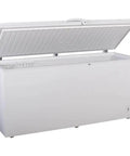 Heavy Duty Commercial Chest Freezer That Runs On Beast Mode Keeping Food Dead Cold Even When The Hinged Lid Stays Open, open view with white interior.