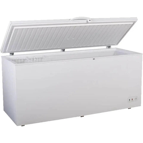 Heavy Duty Commercial Chest Freezer That Runs On Beast Mode Keeping Food Dead Cold Even When The Hinged Lid Stays Open, open view with white interior.