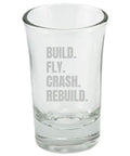 RC Plane Enthusiast Gift Idea Shot Glass For RC Aircraft Fans And Pilots Humorous Build Fly Crash Rebuild Theme clear glass